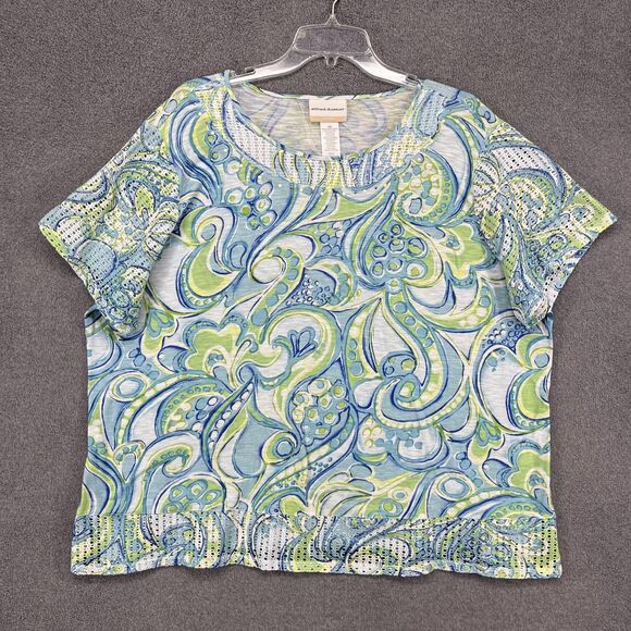 Alfred Dunner Shirt Womens 2X Blue Green Paisley Embellished Scoop Neck Lace - Picture 1 of 16